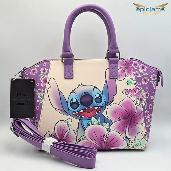 Loungefly Disney Lilo and Stitch Flowers Floral Purple Satchel Bag Purse New - Picture 4 of 8